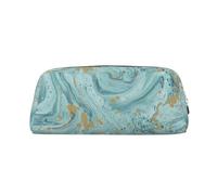 FLYIFE Azurite Teal and Foil Gold Oil Marble Pattern Printed Leather Pencil Case for Girls Boys - Silver Zipper Pencil Bag Pen Pouch Cosmetic Organizer Bag for School Office Travel