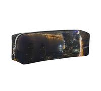 FLYIFE Beautiful City Night View Leather Pencil Case Silver Zipper Pen Pencil Pouch Bag Organizer for Girls Boys Student School Office College