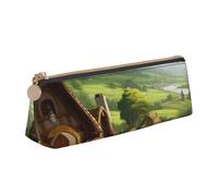 FLYIFE Beautiful Village Printed Triangle Leather Pencil Case for Girls Boys, Zipper Pencil Bag Pen Pouch Bag Organizer for Student School Office College