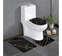 FLYIFE Black Rose Gold Marble Printed Bathroom Mats Sets 3 Piece - Flannel Anti-Slip Water Absorbent Bathroom Rugs Sets With U Shaped Toilet Mat And Toilet Lid Cover