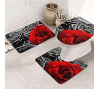 FLYIFE Black White And Red Roses Printed Non-Slip Bathroom Mats Sets 3 Piece - Flannel Bathroom Rug With U Shaped Toilet Mat, And Toilet Seat Cover