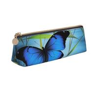 FLYIFE Blue Butterfly and Bamboo Printed Triangle Leather Pencil Case for Girls Boys, Zipper Pencil Bag Pen Pouch Bag Organizer for Student School Office College