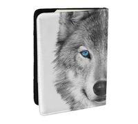 FLYIFE Blue-Eyed Wolf Printed Passport Holder Cover, PU Leather Passport Cover Case Travel Passport Wallet for Women Men