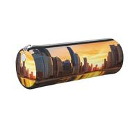 FLYIFE Chicago Downtown Sunset Printed Cylindrical Leather Pencil Case for Girls Boys, Silver Zipper Pencil Bag Pen Pouch Organizer for Student School Office College