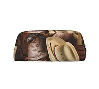FLYIFE Cowboy Black Hat Western Boots Printed Leather Pencil Case for Girls Boys - Gold Zipper Pencil Bag Pen Pouch Cosmetic Organizer Bag for School Office Travel