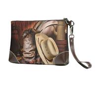 FLYIFE Cowboy Black Hat Western Boots Printed Wristlet Bags Leather Clutch Womens Zip Purse Wallet Handbag With Wrist Strap