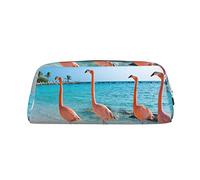 FLYIFE Flamingo On Beach Printed Leather Pencil Case for Girls Boys - Silver Zipper Pencil Bag Pen Pouch Cosmetic Organizer Bag for School Office Travel
