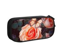 FLYIFE Flower Rose Butterfly Large Pencil Bag with 2 Compartments Pencil Pen Case Pencil Pouch Bag Organizer for Girls Boys Student School Office College, Black