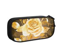 FLYIFE Gold Rose Floral Large Pencil Bag with 2 Compartments Pencil Pen Case Pencil Pouch Bag Organizer for Girls Boys Student School Office College, Black