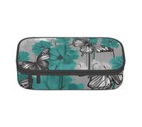 FLYIFE Gray Teal Flower Butterfly Printed Pencil Case Pen Bag Large Capacity Zipper Pencil Box Stationery Organizer Makeup Bag for School Office Adult Teen Girl Boy
