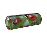 FLYIFE Ladybug Printed Cylindrical Leather Pencil Case for Girls Boys, Silver Zipper Pencil Bag Pen Pouch Organizer for Student School Office College