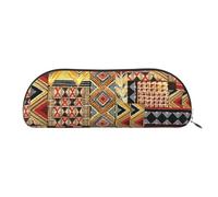 FLYIFE Leather Pencil Case with African Textile Patchwork Print - Silver Zipper Pencil Bag Pen Pouch for Girls Boys, Cosmetic Organizer Bag for School Office Travel