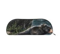 FLYIFE Leather Pencil Case with Black Bear Print - Gold Zipper Pencil Bag Pen Pouch for Girls Boys, Cosmetic Organizer Bag for School Office Travel