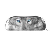 FLYIFE Leather Pencil Case with Blue-Eyed Wolf Print - Silver Zipper Pencil Bag Pen Pouch for Girls Boys, Cosmetic Organizer Bag for School Office Travel