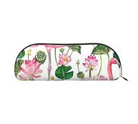 FLYIFE Leather Pencil Case with Flamingo Bird Round Leaves Print - Gold Zipper Pencil Bag Pen Pouch for Girls Boys, Cosmetic Organizer Bag for School Office Travel