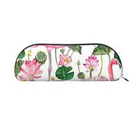 FLYIFE Leather Pencil Case with Flamingo Bird Round Leaves Print - Silver Zipper Pencil Bag Pen Pouch for Girls Boys, Cosmetic Organizer Bag for School Office Travel