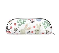 FLYIFE Leather Pencil Case with Flowers Bunnies Birds Print - Silver Zipper Pencil Bag Pen Pouch for Girls Boys, Cosmetic Organizer Bag for School Office Travel