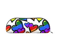 FLYIFE Leather Pencil Case with Rainbow Colored Gay Pride Hearts Print - Silver Zipper Pencil Bag Pen Pouch for Girls Boys, Cosmetic Organizer Bag for School Office Travel