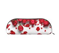 FLYIFE Leather Pencil Case with Red Rose Petals Print - Silver Zipper Pencil Bag Pen Pouch for Girls Boys, Cosmetic Organizer Bag for School Office Travel