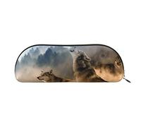 FLYIFE Leather Pencil Case with Wolf On Mountain Print - Gold Zipper Pencil Bag Pen Pouch for Girls Boys, Cosmetic Organizer Bag for School Office Travel