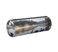 FLYIFE Morning at The Lake Printed Cylindrical Leather Pencil Case for Girls Boys, Silver Zipper Pencil Bag Pen Pouch Organizer for Student School Office College