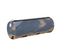 FLYIFE Mountain Farm Horses Printed Cylindrical Leather Pencil Case for Girls Boys, Silver Zipper Pencil Bag Pen Pouch Organizer for Student School Office College