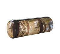 FLYIFE National Parks Sunshine Trees Printed Cylindrical Leather Pencil Case for Girls Boys, Silver Zipper Pencil Bag Pen Pouch Organizer for Student School Office College