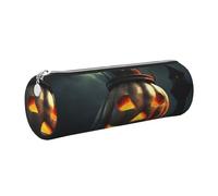 FLYIFE Night Halloween Bat Printed Cylindrical Leather Pencil Case for Girls Boys, Silver Zipper Pencil Bag Pen Pouch Organizer for Student School Office College