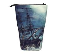 FLYIFE Octopus Kraken Pirate Ship Ocean Printed Standing Pencil Case Telescopic Pen Pouch - Cute Pencil Case with Pen Holder and Makeup Bag for Student School Office College