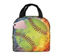 FLYIFE Orange Softball Baseball On Fire and Water Insulated Lunch Bag Cooler Aluminum Foil Portable Lunch Tote Bag- Waterproof, Breathable, Lightweight, and Durable