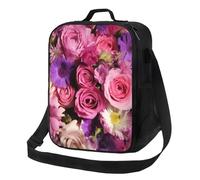 FLYIFE Pink and Purple Flowers Printed Insulated Lunch Bag with Adjustable Shoulder Strap, Portable Cooler Lunch Tote Bag for Picnic/Work/School/Travel