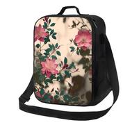 FLYIFE Pink Flowers Leaves Printed Insulated Lunch Bag with Adjustable Shoulder Strap, Portable Cooler Lunch Tote Bag for Picnic/Work/School/Travel
