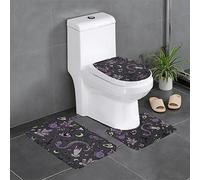 FLYIFE Purple Black Goth Spooky Printed Bathroom Mats Sets 3 Piece - Flannel Anti-Slip Water Absorbent Bathroom Rugs Sets With U Shaped Toilet Mat And Toilet Lid Cover