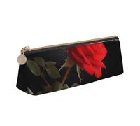 FLYIFE Red Rose Under Moon Printed Triangle Leather Pencil Case for Girls Boys, Zipper Pencil Bag Pen Pouch Bag Organizer for Student School Office College