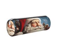 FLYIFE Santa Clause Printed Cylindrical Leather Pencil Case for Girls Boys, Silver Zipper Pencil Bag Pen Pouch Organizer for Student School Office College