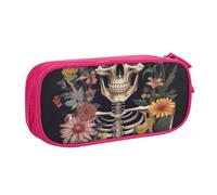 FLYIFE Skeleton Skull with Flower Large Pencil Bag with 2 Compartments Pencil Pen Case Pencil Pouch Bag Organizer for Girls Boys Student School Office College, Pink