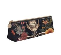 FLYIFE Skeleton Skull with Flower Printed Triangle Leather Pencil Case for Girls Boys, Zipper Pencil Bag Pen Pouch Bag Organizer for Student School Office College