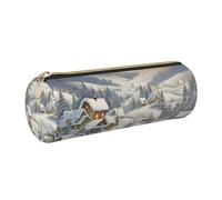 FLYIFE Snow Covered Village Town Printed Cylindrical Leather Pencil Case for Girls Boys, Gold Zipper Pencil Bag Pen Pouch Organizer for Student School Office College