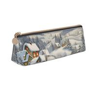 FLYIFE Snow Covered Village Town Printed Triangle Leather Pencil Case for Girls Boys, Zipper Pencil Bag Pen Pouch Bag Organizer for Student School Office College
