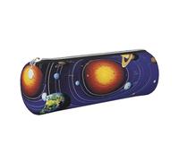 FLYIFE Solar System Printed Cylindrical Leather Pencil Case for Girls Boys, Silver Zipper Pencil Bag Pen Pouch Organizer for Student School Office College