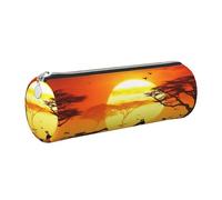 FLYIFE Sunset Animals Printed Cylindrical Leather Pencil Case for Girls Boys, Silver Zipper Pencil Bag Pen Pouch Organizer for Student School Office College