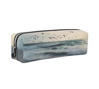 FLYIFE The Beach with Sea Birds Leather Pencil Case Silver Zipper Pen Pencil Pouch Bag Organizer for Girls Boys Student School Office College