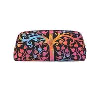 FLYIFE Tree of Life and Tie Dye Elephant Printed Leather Pencil Case for Girls Boys - Silver Zipper Pencil Bag Pen Pouch Cosmetic Organizer Bag for School Office Travel