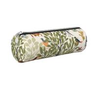 FLYIFE Trees and Animals Printed Cylindrical Leather Pencil Case for Girls Boys, Silver Zipper Pencil Bag Pen Pouch Organizer for Student School Office College