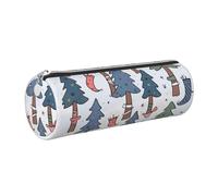 FLYIFE Trees and Socks Printed Cylindrical Leather Pencil Case for Girls Boys, Silver Zipper Pencil Bag Pen Pouch Organizer for Student School Office College