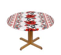 FLYIFE Ukrainian Embroidery Style Rose Printed Round Tablecloth - Elastic Edged Fitted Table Cloth Round 138cm, Waterproof Wrinkle-Free Table Cover
