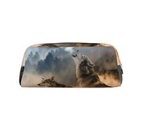 FLYIFE Wolf On Mountain Printed Leather Pencil Case for Girls Boys - Gold Zipper Pencil Bag Pen Pouch Cosmetic Organizer Bag for School Office Travel
