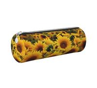 FLYIFE Yellow Sunflower Field Printed Cylindrical Leather Pencil Case for Girls Boys, Silver Zipper Pencil Bag Pen Pouch Organizer for Student School Office College
