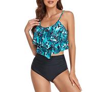 FLYILY Tankini Swimsuit for Women Top Double Ruffled High Waist Swimwear 2 Pieces Bathing Suits Bikini Sets (3-BlueLeaf, M)
