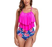 FLYILY Two Pieces Swimsuit for Women Double Level Ruffled Flounce Top with High Waisted Bottom Bikini Set Tummy Control Swimwear Bathing Suits(4-Rosered,L)